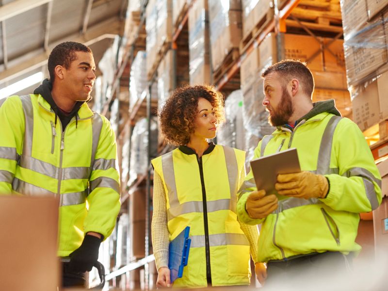 Tre addetti alla logistica all'interno di un magazzino si parlano mentre consultano un device mobile tipo un tablet. Tutti e tre, due uomini e una donna al centro, indossano giubbtti giallo fluorescenti creati appositamente per il lavoro.